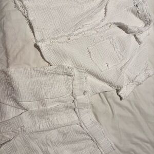 White Textured Linen Button-Up Top and Shorts Set